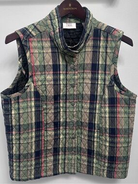 Baxter & Wells Quilted Plaid Puffer Vest Green Navy Pink Tartan Women Small